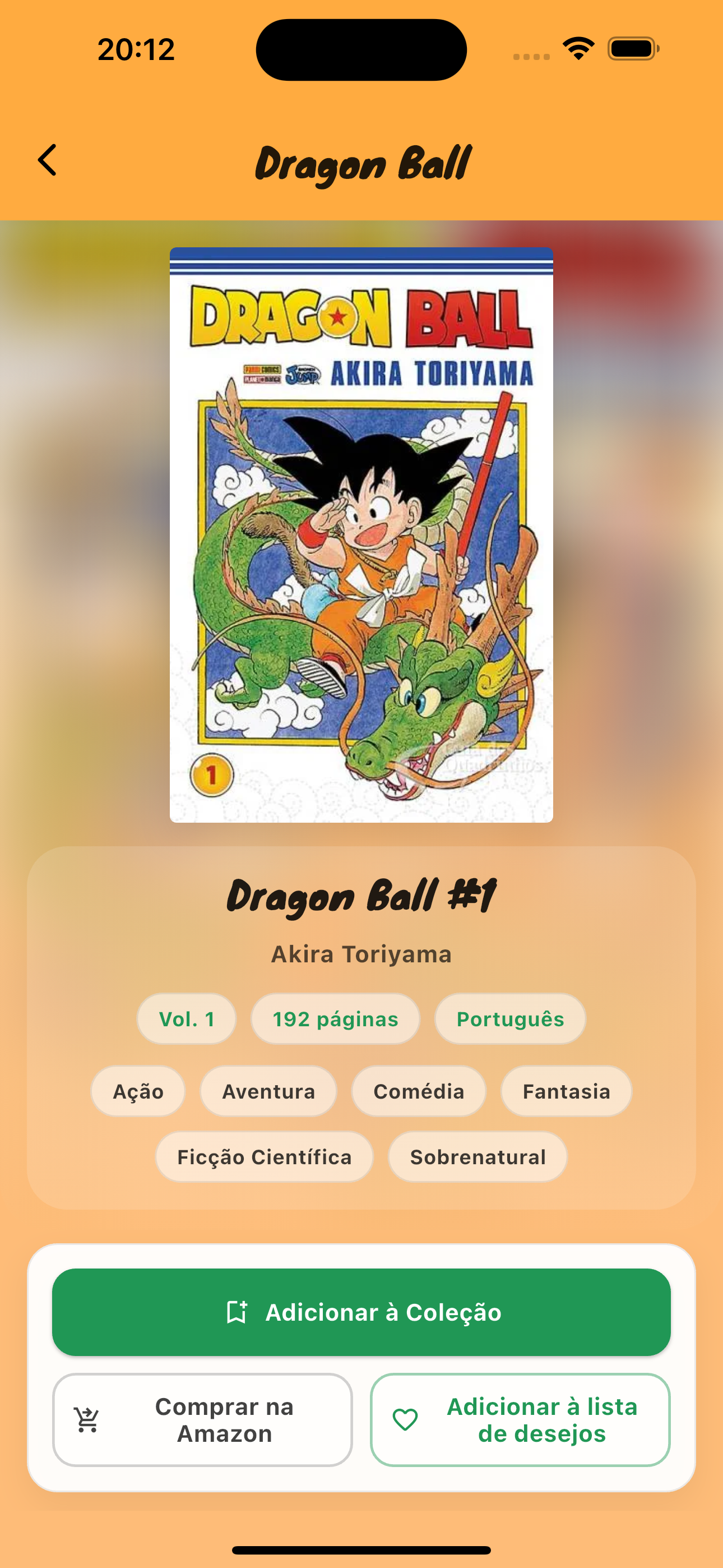 Detalhes de um volume no Manga Mango com opções de coleção e desejos