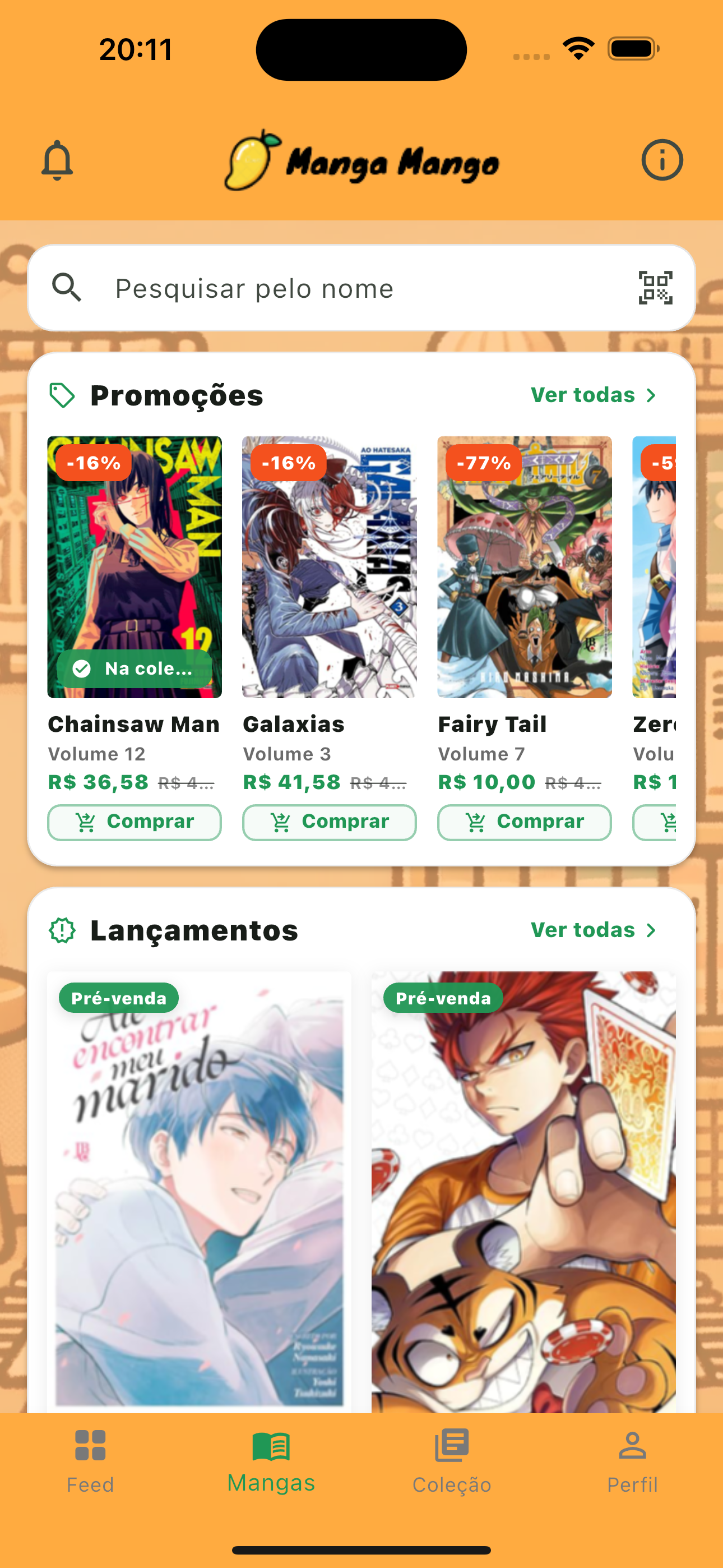 Tela do Manga Mango com busca, promoções e lançamentos