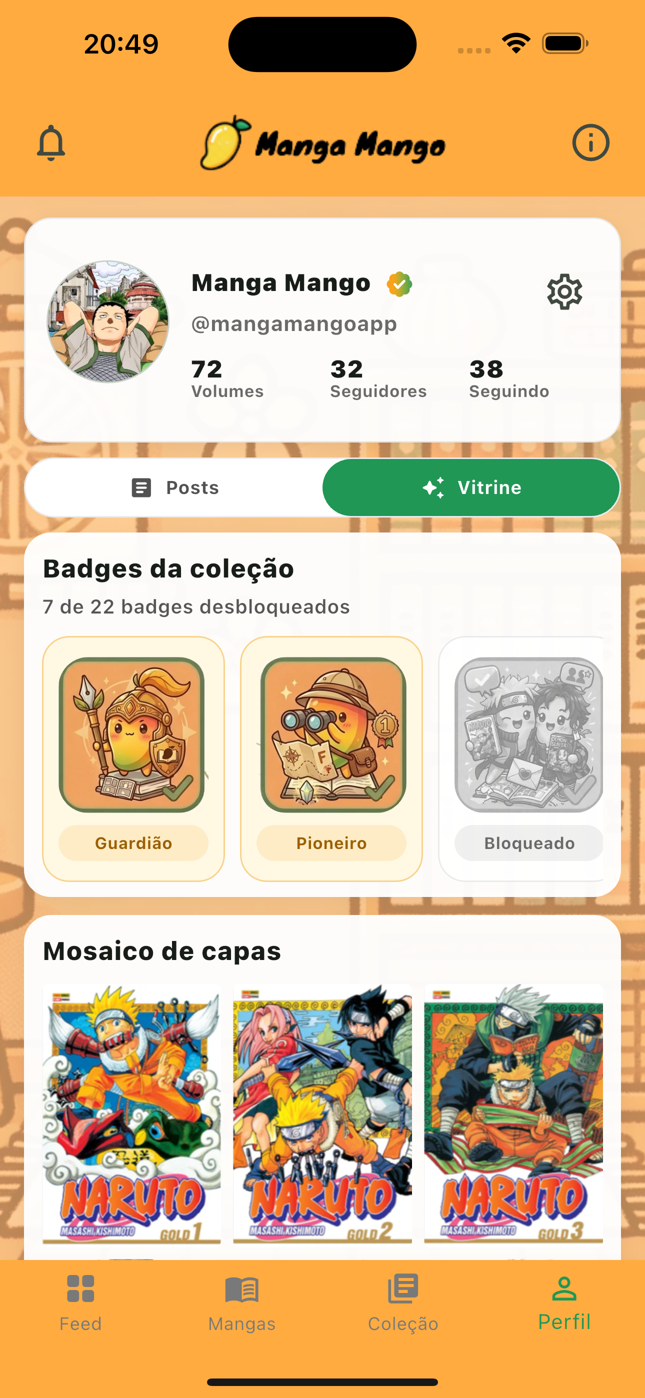 Perfil de colecionador no Manga Mango com vitrine, badges e posts