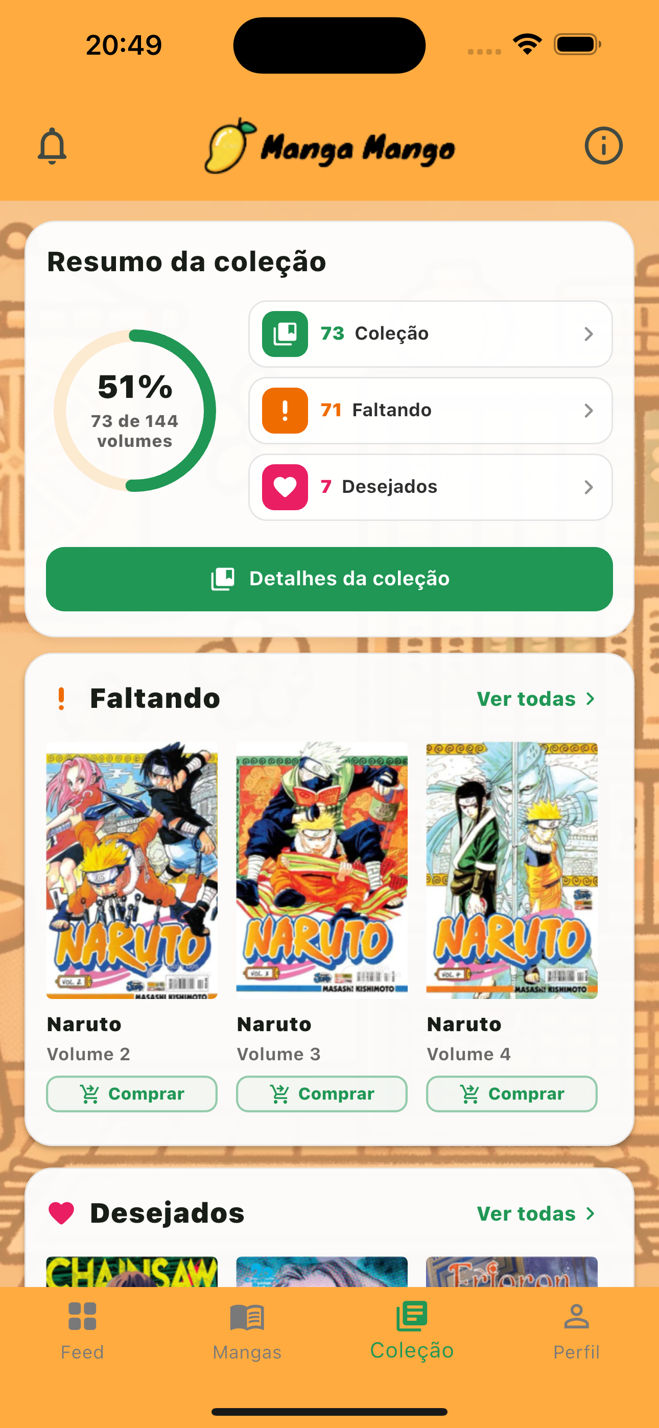 Resumo da coleção no Manga Mango com volumes faltantes e lista de desejos